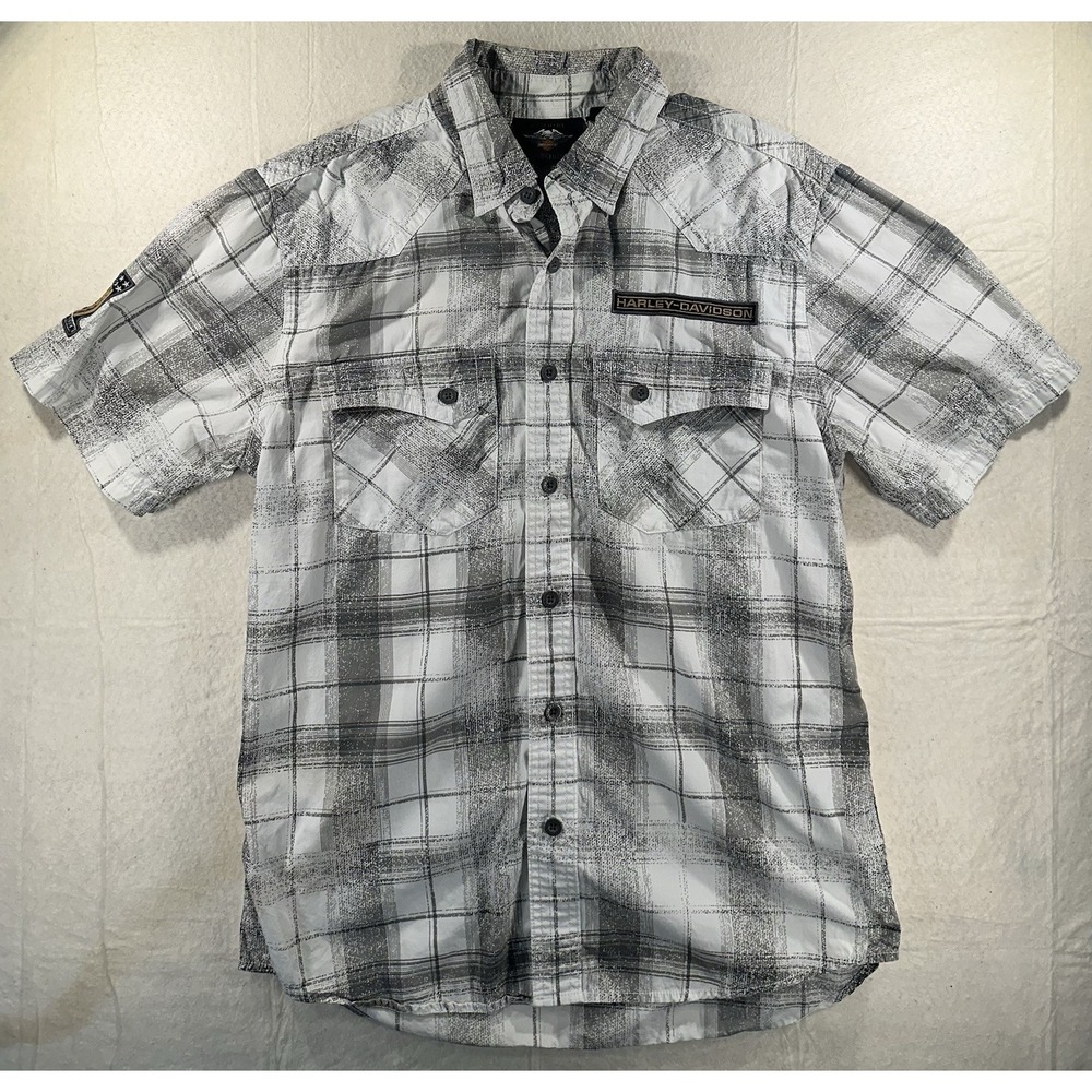 Harley Davidson Short Sleeve Button Down Shirt Mens XL Gray White Plaid